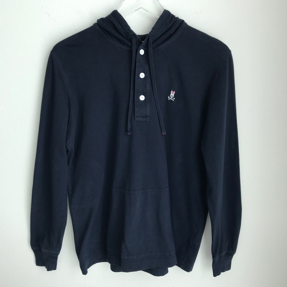 Psycho Bunny Men's S Pima Cotton Long Sleeve Hoodie T-Shirt Button Placket Blue